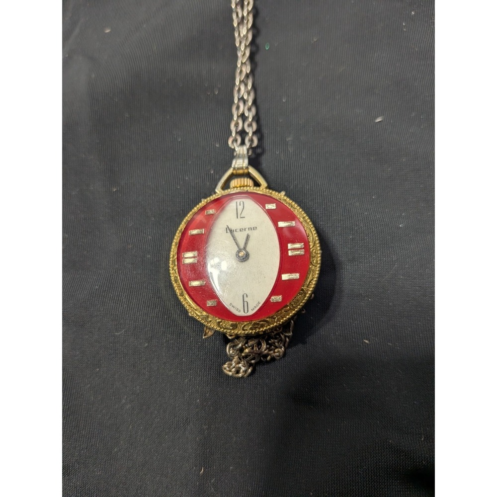 Vintage Lucerne Swiss Made Pendant Watch Necklace Yellow Floral Cameo Red Dial
